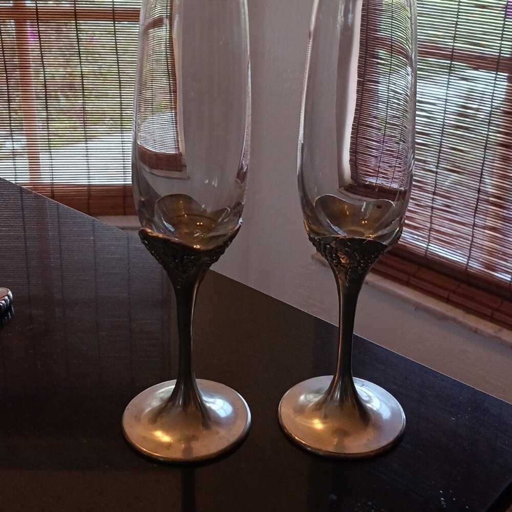 2 Two Vintage Antina SKS Zinn Pewter Crystal Champagne Flutes with Grape Design